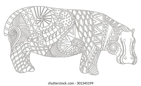 Hippo zentangle stylized vector, illustration, freehand pencil, lace pattern