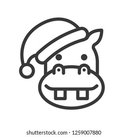 hippo zoo animal wearing santa hat outline icon editable stroke