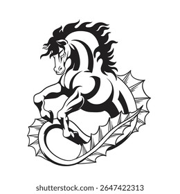 Hippocampus criatura mitológica grega. Cavalo aquático de conto de fadas escocês Kelpie. Esboço desenhado à mão preto e branco. ilustração.