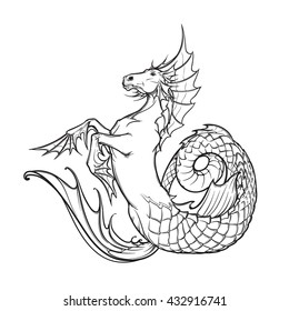 Hippocampus greek mythological creature. Kelpie scottish fairy tale water horse. Black and white hand drawn sketch. EPS10 vector illustration.