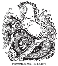 hippocampus or kelpie mythological sea-horse . Black and white illustration 