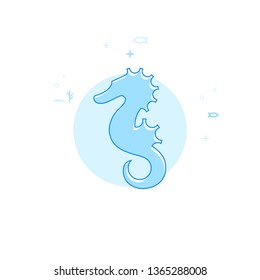 Hippocampus, Seahorse Flat Vector Icon. Marine Life, Underwater World, Sea Creature Illustration. Light Flat Style. Blue Monochrome Design. Editable Stroke. Adjust Line Weight.