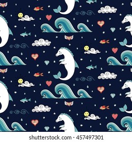 Hippocampus seamless pattern. Cute cartoon horse. Equestrian vector illustration.
Can be used for children wallpaper, wrapping, textile. Doodle hand drawing background.