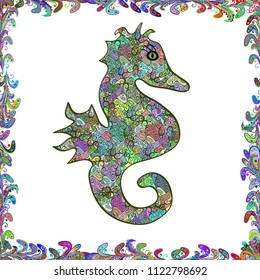 Hippocampus vector cartoon icon set of underwater fish and silhouette isolated on white, green and blue background. Vector. Seahorse seamless pattern background.
