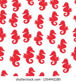 Hippocampus vector cartoon icon set of underwater fish and silhouette isolated on white, red and orange background. Doodle, sketch, scribble. Seahorse seamless background. Vector.