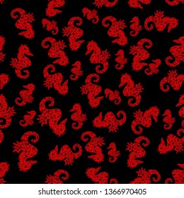 Hippocampus vector cartoon icon set of underwater fish and silhouette isolated on brown, red and black background. Seahorse seamless background. Vector. Doodle, sketch, scribble.