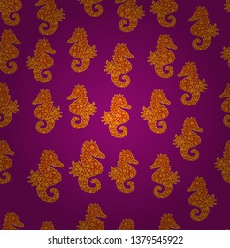 Hippocampus vector cartoon icon set of underwater fish and silhouette isolated on orange, purple and yellow background. Vector. Seahorse seamless pattern background.