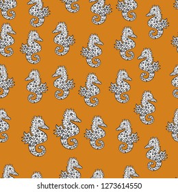 Hippocampus watercolor illustration on black, orange and white background. Fantasy nice illustration. Vector. Abstract seamless pattern for boys, girls, clothes, wallpaper.