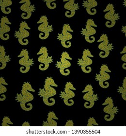 Hippocampus watercolor illustration on black, green and yellow background. Fantasy nice illustration. Vector. Abstract seamless pattern for boys, girls, clothes, wallpaper.