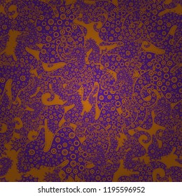 Hippocampus watercolor illustration on violet, orange and purple background. Vector. Abstract seamless pattern for boys, girls, clothes, wallpaper. Fantasy nice illustration.