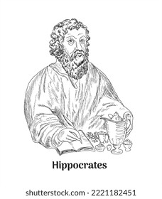 Hippocrates (460-370 BC) portrait in line art illustration.	