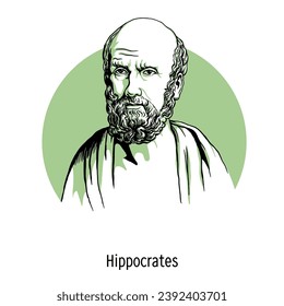 Hippocrates is an ancient Greek healer, doctor and philosopher, historical figure. Hand drawn vector illustration