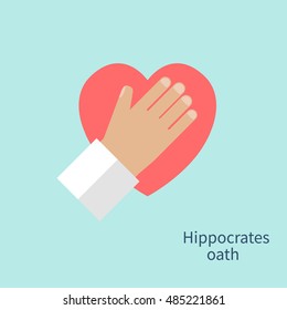 Hippocrates oath. Hand doctor heart as a symbol of fidelity devotion and occupation. Concept of Healthcare, medetsina. Vector illustration flat design.