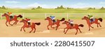 Hippodrome competitions. Cartoon horse racing panorama, equestrian competition derby racetrack fence arena, melbourne cup racehorse betting, ingenious vector illustration of competition hippodrome