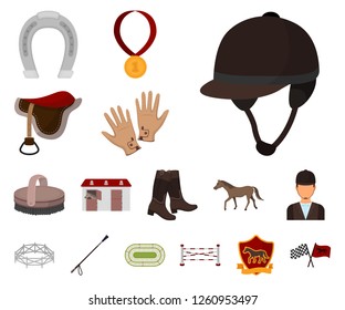 Hippodrome and horse cartoon icons in set collection for design. Horse Racing and Equipment vector symbol stock web illustration.