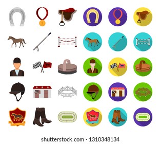 Hippodrome and horse cartoon,flat icons in set collection for design. Horse Racing and Equipment vector symbol stock web illustration.