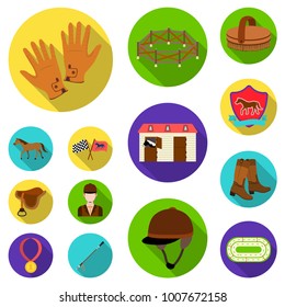 Hippodrome and horse flat icons in set collection for design. Horse Racing and Equipment vector symbol stock web illustration.