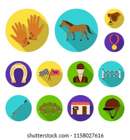 Hippodrome and horse flat icons in set collection for design. Horse Racing and Equipment vector symbol stock web illustration.
