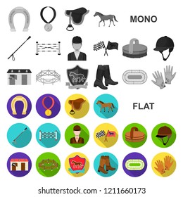 Hippodrome and horse flat icons in set collection for design. Horse Racing and Equipment vector symbol stock web illustration.