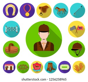 Hippodrome and horse flat icons in set collection for design. Horse Racing and Equipment vector symbol stock web illustration.