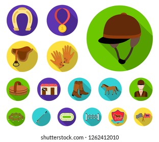 Hippodrome and horse flat icons in set collection for design. Horse Racing and Equipment vector symbol stock web illustration.