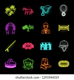 Hippodrome and horse neon icons in set collection for design. Horse Racing and Equipment vector symbol stock web illustration.