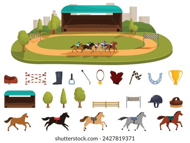 Hippodrome icons set cartoon vector. Horse track game. Clothing training uniform