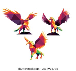 Hippogriff Colorido Polígono Conjunto de Vector Abstractas. Colección del logotipo colorido de Hippogriff Low Poly. Conjunto de logotipos de ilustración de pájaro de águila mítica