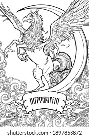 Hippogriff greek mythological creature. Legendary beast concept drawing. Heraldry figure. Vintage tattoo design. Sketch isolated on white background. EPS10 vector illustration.