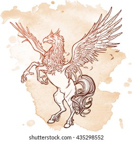 Hippogriff greek mythological creature.. Legendary beast concept drawing. Heraldry figure. Vintage tattoo design. Sketch on a grunge background. EPS10 vector illustration.