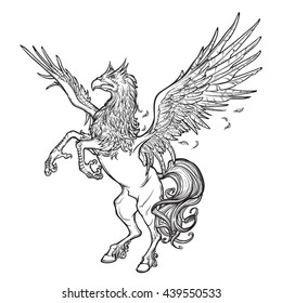 Hippogriff greek mythological creature.. Legendary beast concept drawing. Heraldry figure. Vintage tattoo design. Sketch isolated on white background. EPS10 vector illustration.