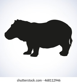 Hippopotamidae is herbivore mammal isolated on white background. Dark ink hand drawn image in art retro style pen on paper. Side view with space for text