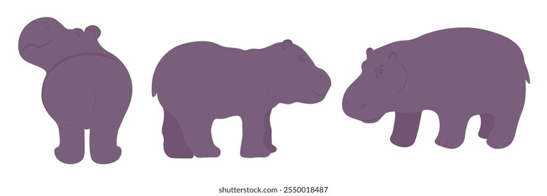 El hipopótamo es un animal africano. Mamífero. Vector ilustración de stock. Aislado sobre fondo blanco. conjunto de posiciones 