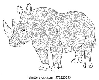 hippopotamus animal coloring book for adults vector illustration. Anti-stress coloring for adult. Zentangle style. Black and white lines. Lace pattern