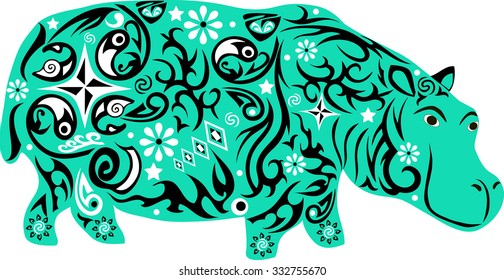 Hippopotamus an animal with a pattern from flowers and lines, to hypostalemates an exotic animal of southern latitudes, a clumsy animal with a big weight, a wild mammal with a thick skin, 