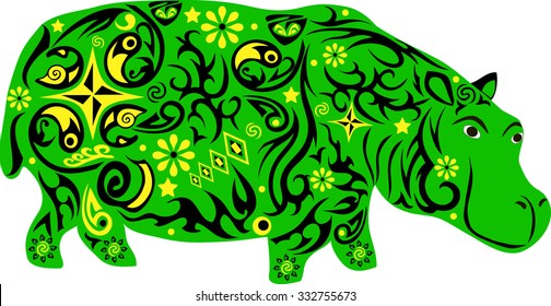 Hippopotamus an animal with a pattern from flowers and lines, to hypostalemates an exotic animal of southern latitudes, a clumsy animal with a big weight, a wild mammal with a thick skin, 