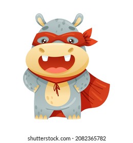 Hippopotamus Animal Superhero Dressed in Mask and Red Cape or Cloak Vector Illustration