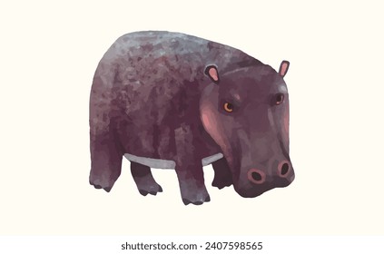 Hippopótamo, ilustración vectorial de la acuarela de fauna silvestre animal.