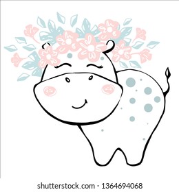 Hippopotamus baby girl cute print. Sweet hippo. Cool african animal illustration for nursery t-shirt, kids apparel, baby shower party invitation. Simple child design. Summer
