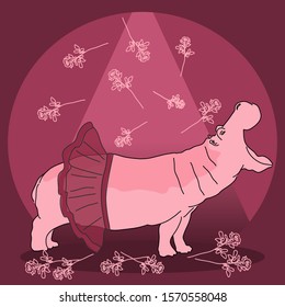Hippopotamus ballerina, dancer. Pink animal on spotlight with roses, dancing cute hippo on the scene.