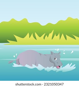 The Hippopotamus Bathing Vector Illustration