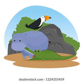 hippopotamus with bird and crocodile wild animals
