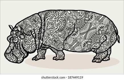 Hippopotamus black and white detailed pattern in graphic style, ethnic ornament, lace texture, hand drawn artwork, vector illustration