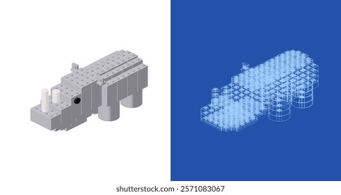 Hippopotamus blueprint project idea and implementation. Vector
