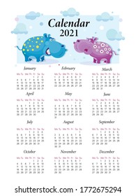 Hippopotamus calendar. Template 2021. Vector cartoon character. Cute hippo on a background of the sky 