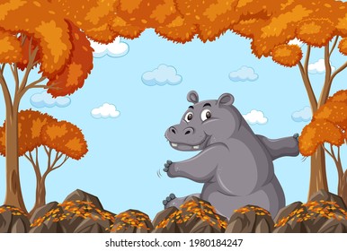 Hippopotamus cartoon character in blank autumn forest scene illustration