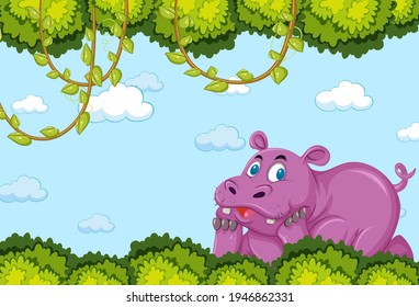 Hippopotamus cartoon character in blank forest scene illustration