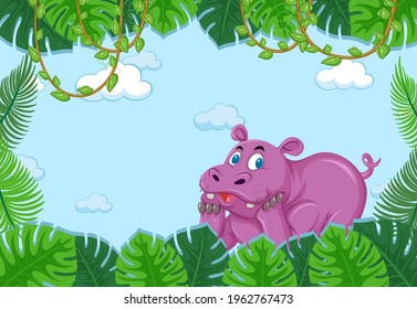 Hippopotamus cartoon character in blank forest scene, illustration