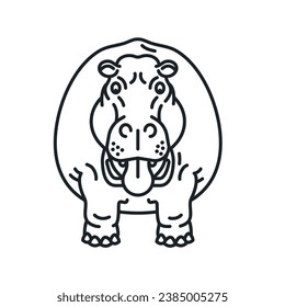 Hippopotamus cartoon character frontal view isolated vector line icon for Hippo Day on February 15