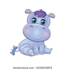 Hippopotamus cartoon character, wild animal wearing a wreath, spring is coming. Character with bright eyes